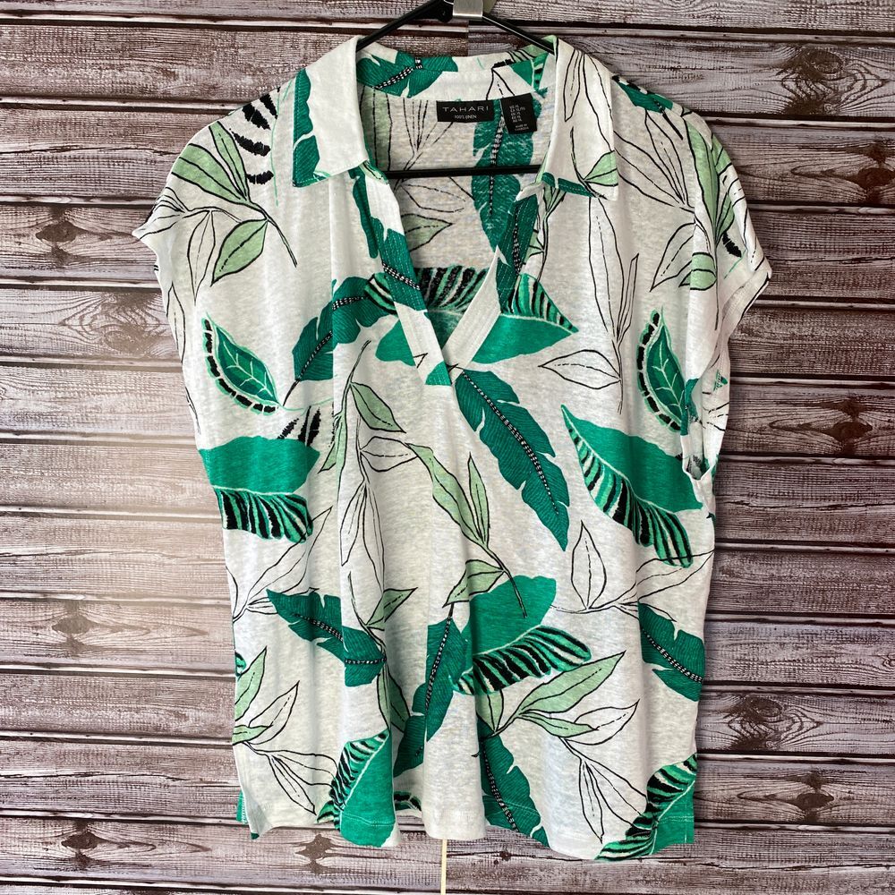 Tahari Women's Top Size XL White‎ Green Tropical Leaf 100% Linen Cap Sleeve